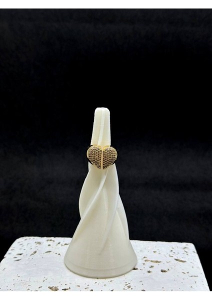 Çelik Zirkon Taşlı Kalp Model Yüzük Gold