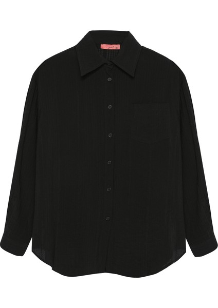 Dokulu Cepli Oversize Basic Gömlek Siyah
