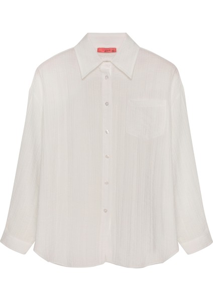 Dokulu Cepli Oversize Basic Gömlek Ekru
