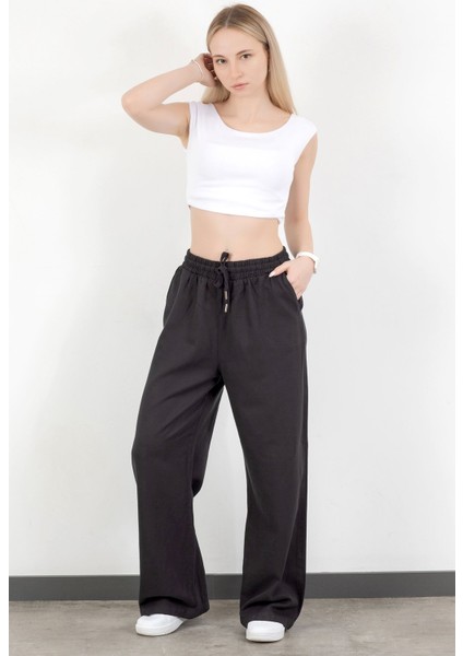 Kadın Beli Lastikli Bağcıklı Bol Paça Pantolon Siyah - 5355