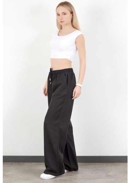 Kadın Beli Lastikli Bağcıklı Bol Paça Pantolon Siyah - 5355