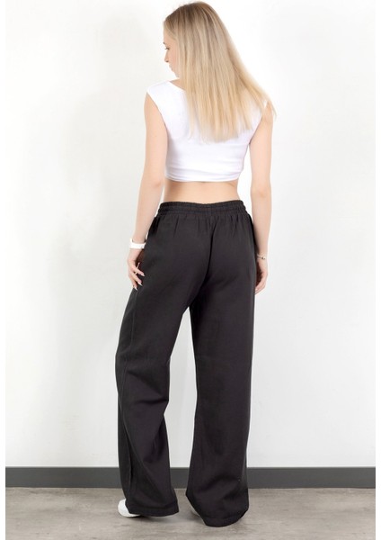 Kadın Beli Lastikli Bağcıklı Bol Paça Pantolon Siyah - 5355