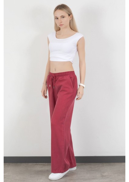 Kadın Beli Lastikli Bağcıklı Bol Paça Pantolon Bordo - 5355