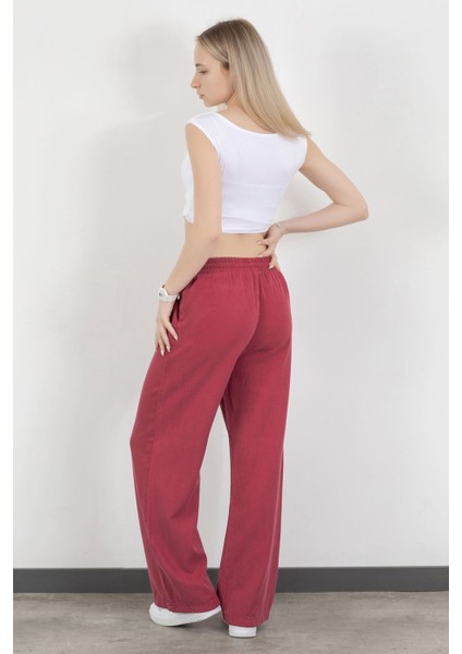 Kadın Beli Lastikli Bağcıklı Bol Paça Pantolon Bordo - 5355