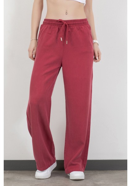 Kadın Beli Lastikli Bağcıklı Bol Paça Pantolon Bordo - 5355