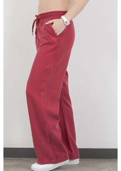 Kadın Beli Lastikli Bağcıklı Bol Paça Pantolon Bordo - 5355