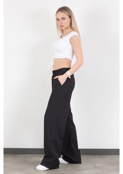 Kadın Beli Lastikli Bol Paça Cep Detaylı Pantolon Siyah - 25576 modelleri