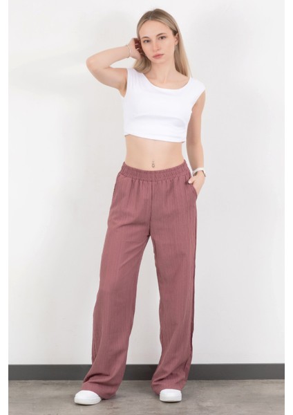 Kadın Beli Lastikli Bol Paça Cep Detaylı Pantolon Lila - 25576