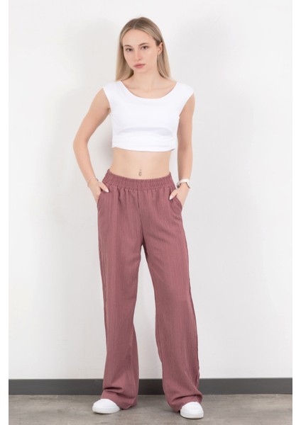 Kadın Beli Lastikli Bol Paça Cep Detaylı Pantolon Lila - 25576