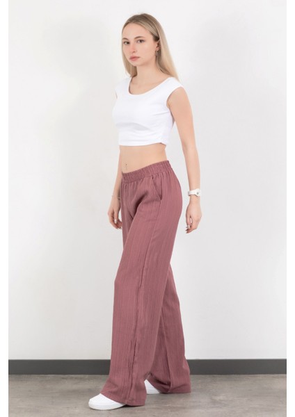 Kadın Beli Lastikli Bol Paça Cep Detaylı Pantolon Lila - 25576