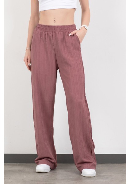 Kadın Beli Lastikli Bol Paça Cep Detaylı Pantolon Lila - 25576