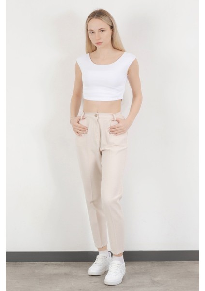 Kadın Beli Lastikli Çift Cepli Dar Paça Pantolon Bej - 5121
