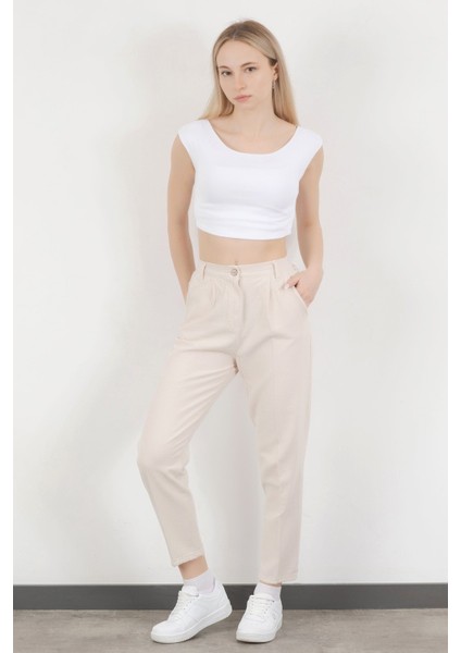 Kadın Beli Lastikli Çift Cepli Dar Paça Pantolon Bej - 5121