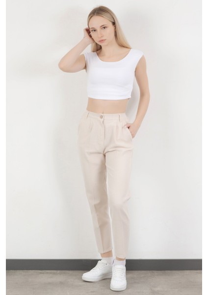 Kadın Beli Lastikli Çift Cepli Dar Paça Pantolon Bej - 5121