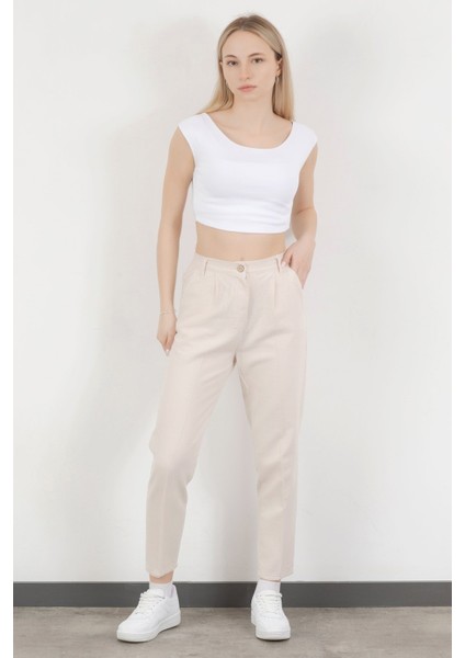 Kadın Beli Lastikli Çift Cepli Dar Paça Pantolon Bej - 5121