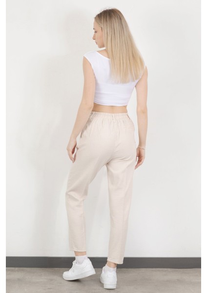 Kadın Beli Lastikli Çift Cepli Dar Paça Pantolon Bej - 5121