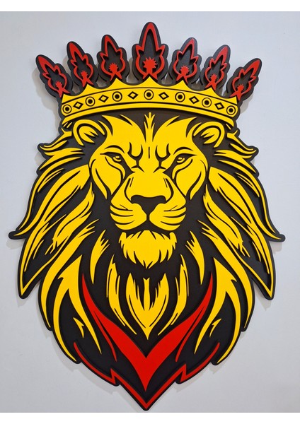 El Yapımı Asil Aslan Portresi - Hediyelik Dekoratif Duvar Tablosu Sarı Kırmızı 59X42 cm