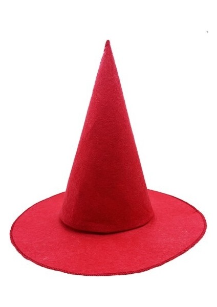 Kırmızı Renk Keçe Cadı Şapkası Yetişkin Çocuk Uyumlu 35X38 cm