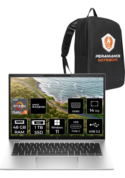 Elitebook 845 G10 Amd Ryzen 5 7540U 48GB 1tb SSD 14" Fhd+Windows 11 Pro Taşınabilir Bilgisayar & Per4 Çanta 819B7EAPN368