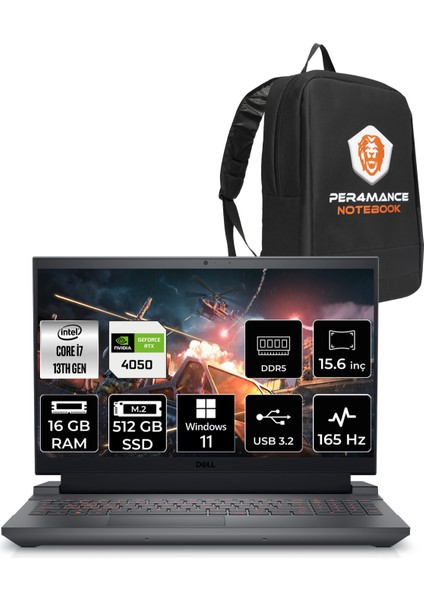 G15 5530 Intel Core I7 13650HX 16GB 512GB SSD RTX4050/6GB 140W 15.6" Fhd 165HzWindows 11 Pro Taşınabilir Bilgisayar & Per4 Çanta G1555301104UP387