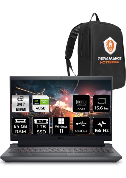 G15 5530 Intel Core I7 13650HX 64GB 1tb SSD RTX4050/6GB 140W 15.6" Fhd 165Hz Windows 11 Home Taşınabilir Bilgisayar & Per4 Çanta G1555301104UP373