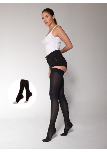 7130 Comfort Ccl-1 Hafif Basınç (18-21 Mmhg) Diz Üstü Açık Burun Varis Çorabı (Siyah & Ten)