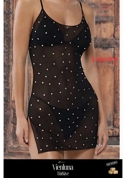 Premium Ürün Özel Kadın Lüks Erotik Seksi Çekici Transparan Tül Üstüne Taş Işlemeli Fantezi Gecelik