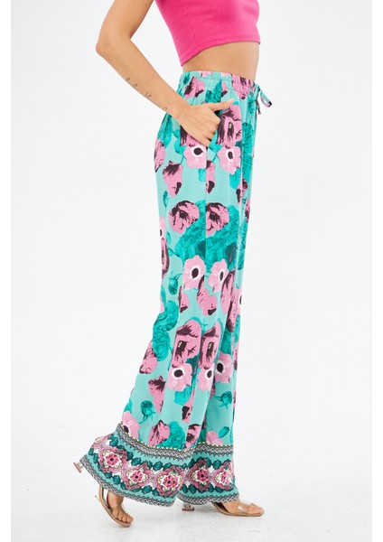 Pembe Çiçek Desenli Bohem Yandan Cepli Palazzo Pantolon