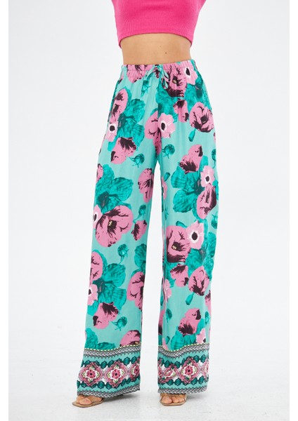 Pembe Çiçek Desenli Bohem Yandan Cepli Palazzo Pantolon modelleri