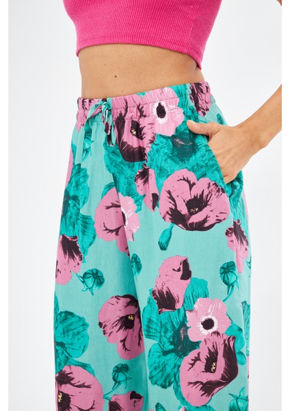 Pembe Çiçek Desenli Bohem Yandan Cepli Palazzo Pantolon fırsatları