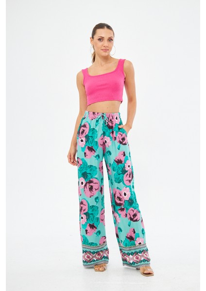 Pembe Çiçek Desenli Bohem Yandan Cepli Palazzo Pantolon indirimleri