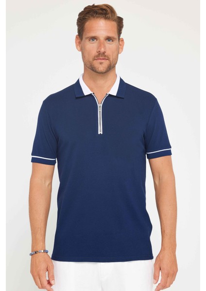 Erkek Slim Fit Dar Kesim %100 Pamuk Düz Pike Fermuarlı Lacivert Polo Yaka Tişört fiyatları