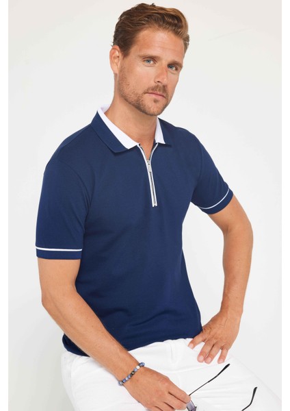 Erkek Slim Fit Dar Kesim %100 Pamuk Düz Pike Fermuarlı Lacivert Polo Yaka Tişört modelleri