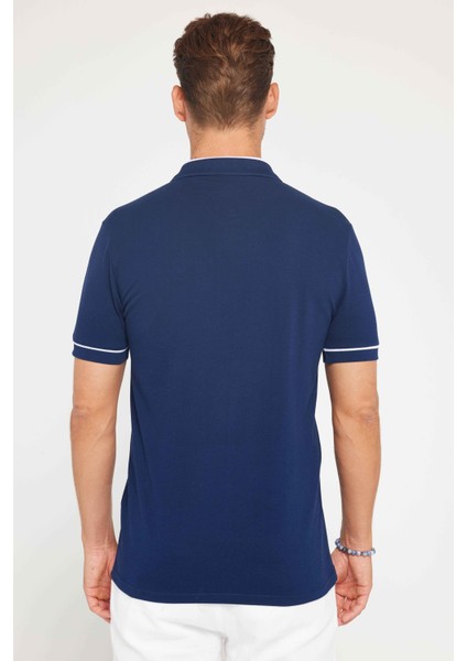 Erkek Slim Fit Dar Kesim %100 Pamuk Düz Pike Fermuarlı Lacivert Polo Yaka Tişört indirimleri