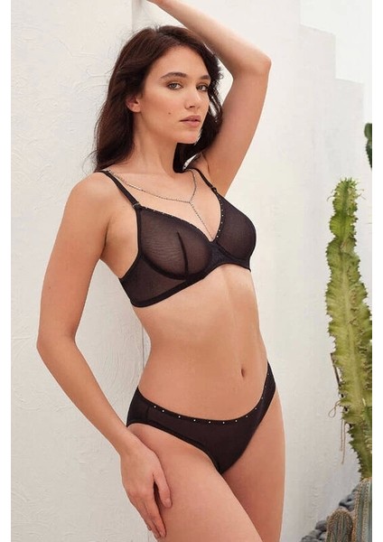 Balenli Desteksiz Dolgusuz Askıları Çıkabilen Taşlı Sütyen ve Slip Takım 4823