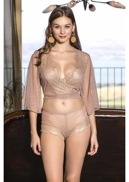 Transparan Bolero, Sütyen ve Boxer Takım Cappucino (BRF31433)