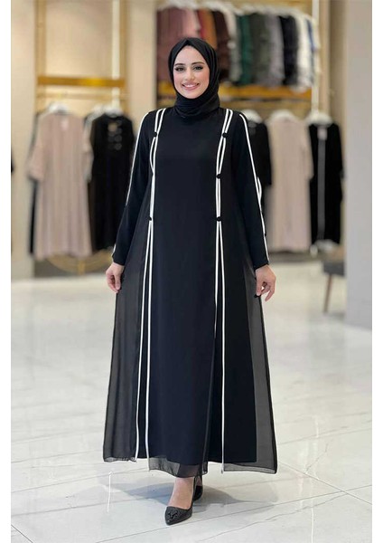 Düğme Detaylı Elbise 3919 Siyah-Ekru