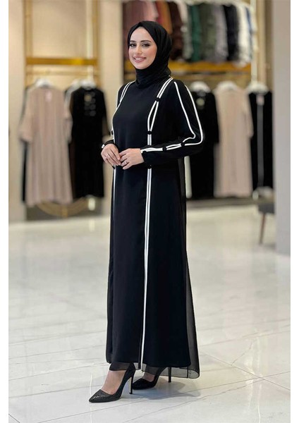 Düğme Detaylı Elbise 3919 Siyah-Ekru modelleri