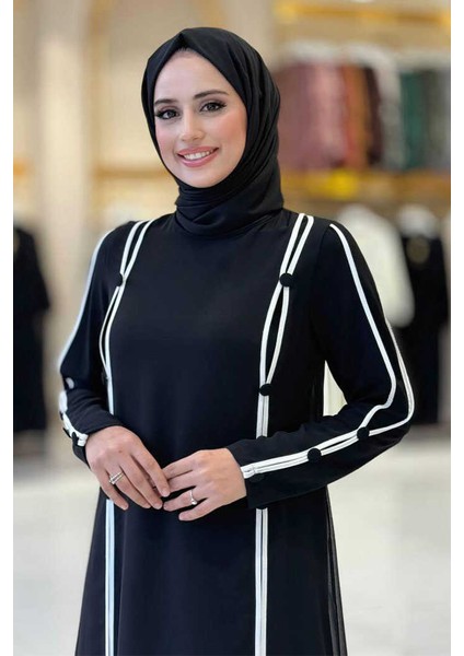 Düğme Detaylı Elbise 3919 Siyah-Ekru fırsatları