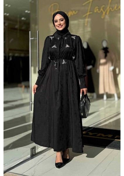 Taş Detaylı Jakar Elbise 3924 Siyah