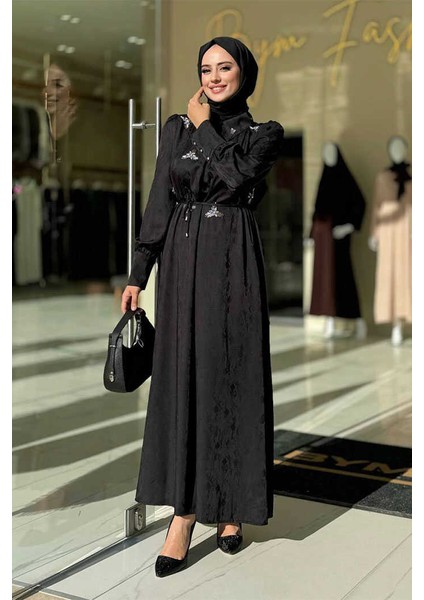 Taş Detaylı Jakar Elbise 3924 Siyah modelleri