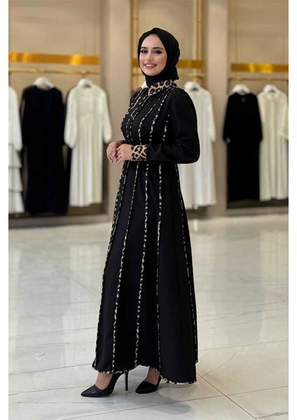 Leopar Biyeli Kemerli Elbise 3930 Siyah modelleri