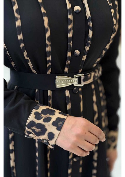 Leopar Biyeli Kemerli Elbise 3930 Siyah
