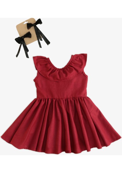 Kız Bebek Bordo Cherry Fiyonklu Fırfırlı Elbise Toka Takım fırsatları