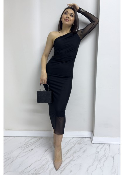 - Kadın Siyah Tek Kol Likralı Tül Elbise