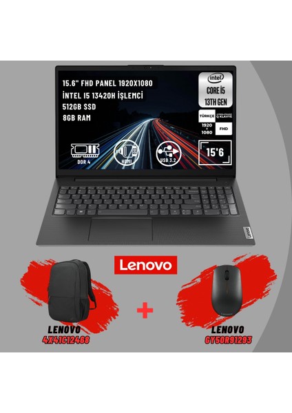 V15 83A10096TR I5-13420H 8 GB 512 GB SSD 15.6" Notebook(Lenovo + Çanta ve Mouse