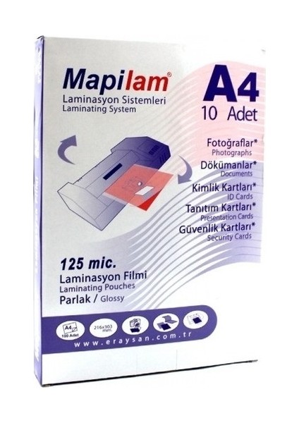 Laminasyon Filmi A4 125 Micron 10'lu