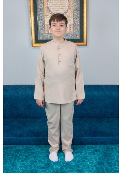 Erkek Çocuk Hac Umre Yarım Patlı Gömlek Pantolon Takım - Bej (Krk) fiyatları
