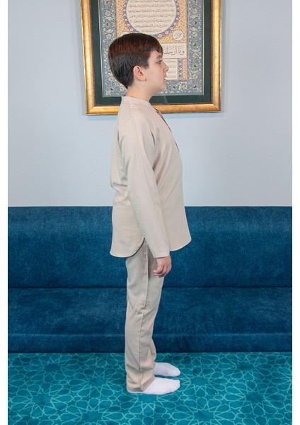 Erkek Çocuk Hac Umre Yarım Patlı Gömlek Pantolon Takım - Bej (Krk) modelleri