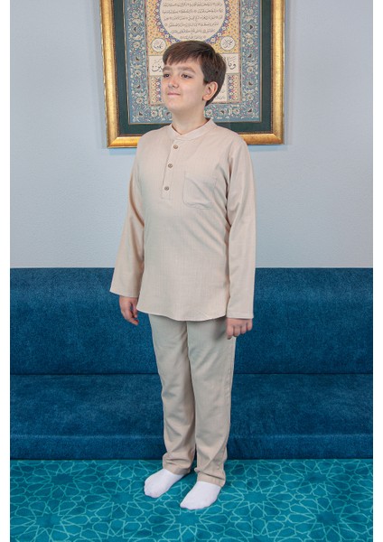 Erkek Çocuk Hac Umre Yarım Patlı Gömlek Pantolon Takım - Bej (Krk) indirimleri